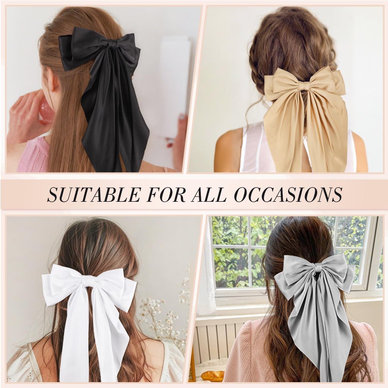 Obeoby 6 Pcs Satin Big Hair Bows, Hair Accessories for Women and Girls Cute Large Bow Clips for Wedding Holiday Birthday Valentines Day Gifts for Her (White, black, brown, gold) - Image 3